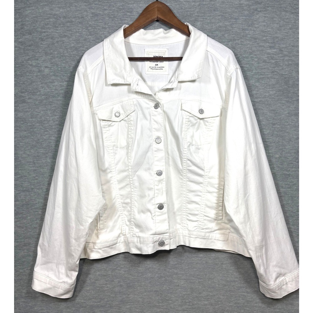 Sonoma Womens Denim Jacket Size 3X White Button Front Pockets Cotton Blend